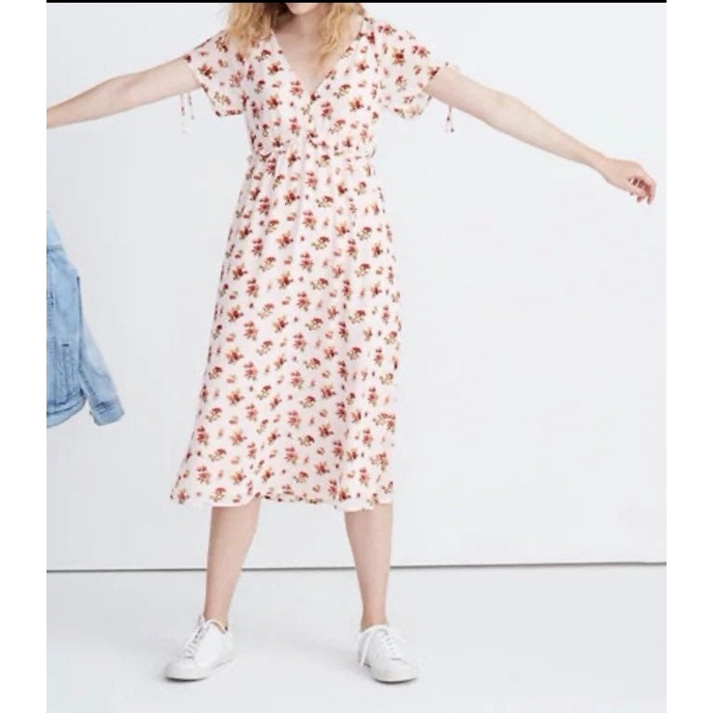 Madewell Sz-4 Midi Dress Tie Sleeve Ruffle Waist Countryside‎ Blooms Pink Floral - Picture 2 of 15